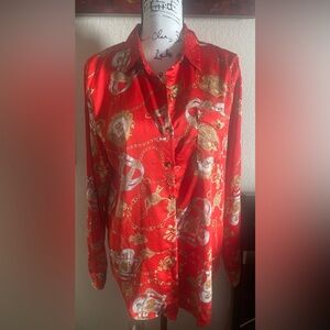 Red Button-Up Shirt with Chain Print